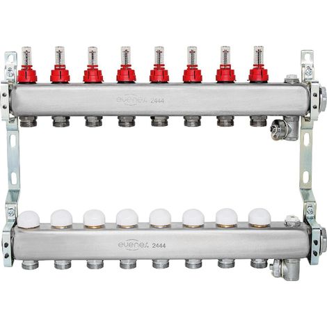 Collecteur de chauffage ATT2, DN32 - 11/4 inox, 2 circuits de chauffage, avec débitmètre