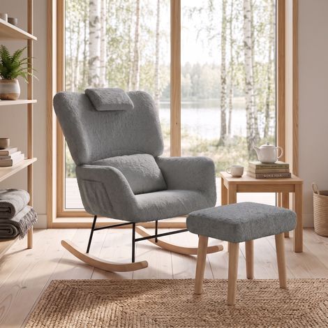Fauteuil à bascule avec repose-pieds, rocking chair, chaise relax en laine avec coussin et poche, style scandinave pour salon chambre, Gris (1/5)