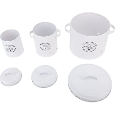Lot de 3 boîtes de rangement pour pommes de terre et oignons, en acier au carbone, style ferme, blanches. (1/5)
