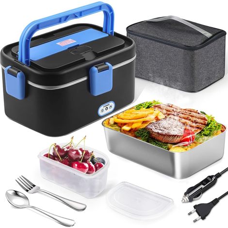 Gamelle Chauffante 1,8L, 12V 24V 220V 80W Boîte à Lunch Electrique avec Sac Acier Inox Fourchette Cuillère pour Bureau Voiture Camion (Noir-Bleu) (1/5)