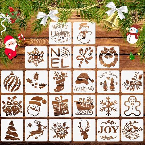 Lot de 24 pochoirs de Noël en plastique réutilisables - Idéaux pour dessin, peinture, scrapbooking et DIY - Parfaits pour cartes et ornements (1/5)
