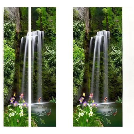 Sticker de porte 3D représentant une cascade, un étang à poissons et une forêt tropicale, un paysage naturel. PVC imperméable, 77 x 200 cm. (1/5)