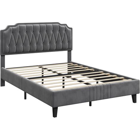 Yaheetech Lit Double Capitonnée Réglable en Hauteur Cadre de Lit en Bois avec Sommier à Lattes Pieds en Bois Massif et Métal- Gris Foncé - 140x200 cm