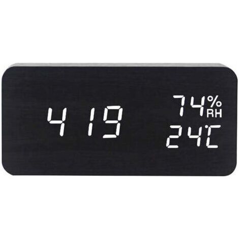 Numérique Réveil Bois Réglable Luminosité Contrôle Vocal LED Horloge Rectangle Affichage Temps Température Décor À La Maison,Noir (1/5)