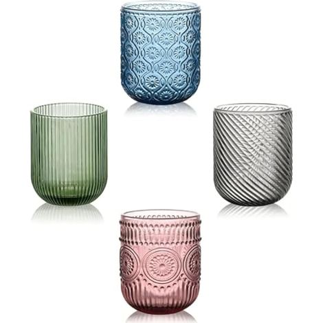 Lot de 4 verres colorés 260 ml Verres à eau colorés : lot de verres à boire en verre avec design en relief, design multicolore, verres à eau multicolores avec motif pour la maison et les fêtes (1/5)