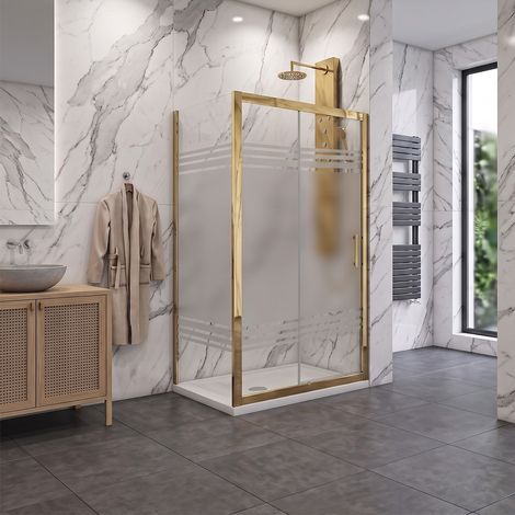 Porta scorrevole con lato fisso in vetro temperato serigrafato 6mm Profili oro H190 - PORTA 110 - FISSO 80 (1/3)