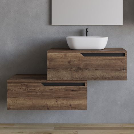 Meuble de salle de bain 120cm avec vasque à poser arrondie - sans miroir - 2 tiroirs - tabaco (bois foncé) - CADIX (1/5)