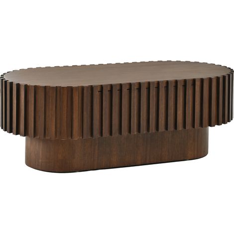 Table basse ovale pour salon en MDF, 100 x 50 x 35,5 cm, couleur noyer, avec tiroir, décor à lattes et charge maximale 20 kg (1/5)