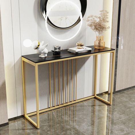 Unho – Table console en pierre frittée – Meuble d'entrée scandinave noir doré – Dimensions 120x30x78,5 cm – Résistante aux rayures et haute température (1/5)