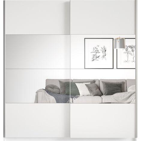 Meublorama – Armoire penderie 180cm – 2 portes coulissantes avec miroirs modulables – MDF blanc mat – Dimensions L 180 x P 61 x H 210 cm (1/5)