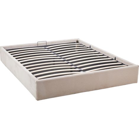 Bestmobilier – Lit coffre 160x200 cm – Velours côtelé beige – Sommier à lattes inclus – Coffre de rangement spacieux – Design minimaliste (1/5)