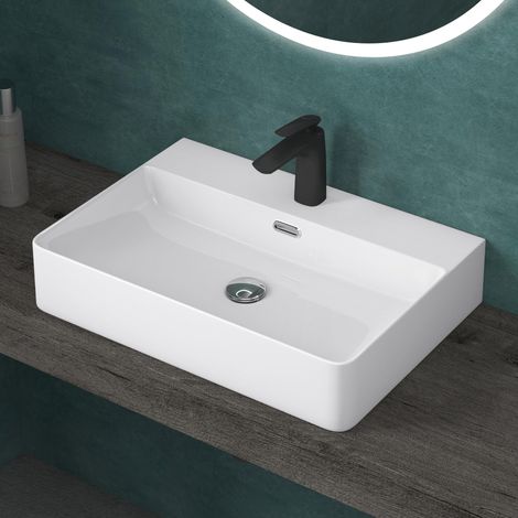 doporro Lavabo da Appoggio o Sospeso Lavandino Bagno Rettangolare con Foro per Rubinetto e Troppopieno 60 cm in Ceramica Bianco Lucido - Meissen201