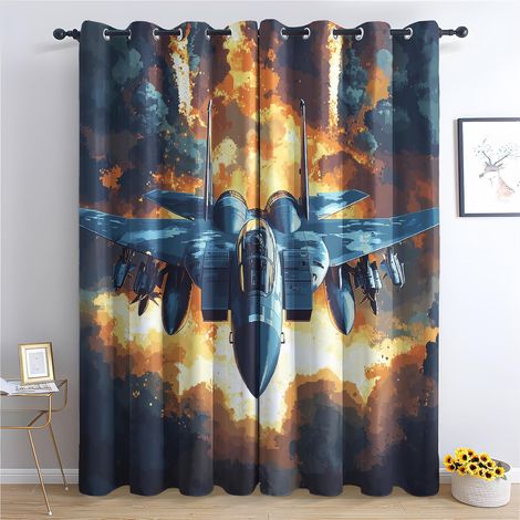 Rideau Occultant Avion de Chasse - Décoration Avion de Chasse, Rideau Thermique Motif Militaire Vol Aviation, Lot de 2 Rideaux Opaque à Oeillets pour Fenetre Chambre Salon, 140x160 cm (LxH) - 2x L 140 (1/5)