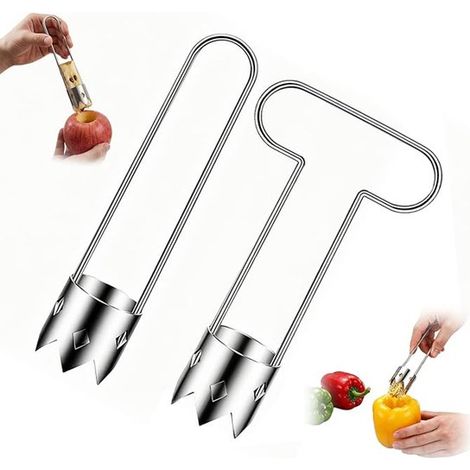 Descorazonador de manzanas portátil, Juego de 2 piezas, Cortador de manzanas, Quita semillas de pimientos, acampadas y barbacoas, Plateado (1/5)