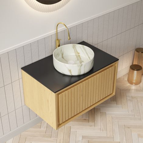 Meuble lave-mains suspendu en contreplaqué et céramique, noir et chêne doré, avec tiroir (1/5)