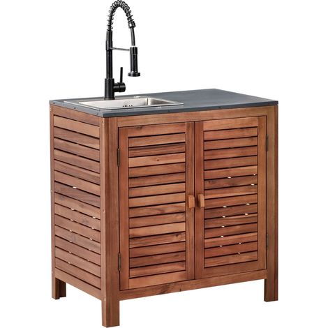 Mobile da giardino in legno di acacia a 2 ante e 2 ripiani 80 x 50 x 83 cm con lavello e rubinetto marrone e nero Brucoli