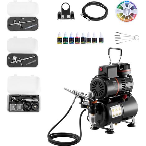 Kit Aérographe avec Compresseur d’Air 1/6 HP et Réservoir, Compresseur Aérographe Professionnel à Double Action, avec 3 Pistolets, 3 Buses, Tuyau, Peinture Acrylique, 2 Ventilateurs, Onglerie (1/5)
