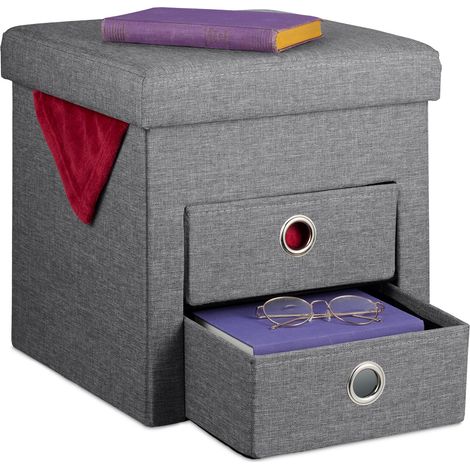 Relaxdays Sitzhocker mit Stauraum, 2 Schubladen, Griffe, faltbar, gepolstert, Hocker HBT: 39 x 37 x 37 cm, dunkelgrau