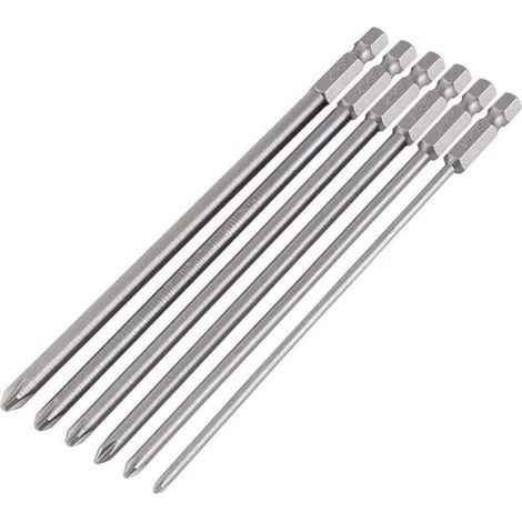 Lot de 6 embouts de tournevis cruciformes magnétiques longs 1/4" en acier S2 Philips - Pour tournevis électrique manuel PH1 PH2-150 mm-DOU