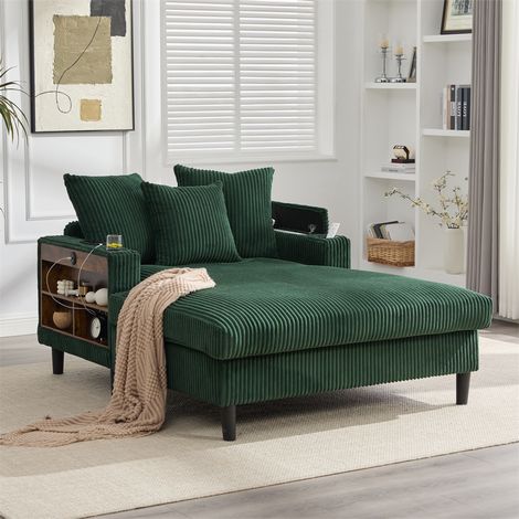Méridienne Multifonctionnelle en Velours Côtelé - 129x170x70cm - Lounge Design avec LED, USB et Porte-Gobelets - Vert Émeraude (1/5)