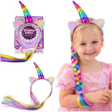 Diadema de cuerno de unicornio, trenzas de color para el cabello