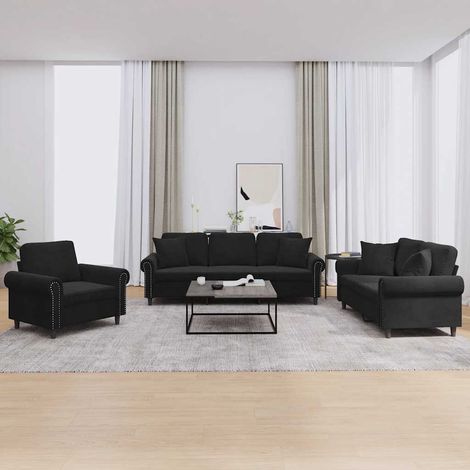 Ensemble canapé 3 pièces en velours noir avec coussins, fauteuil et canapés 2 et 3 places - PANGIVO (1/5)
