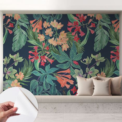 Papier peint adhésif décoratif avec colle pour salon chambre et bureau Installation rapide Fleurs tropicales 208x146 cm (1/5)