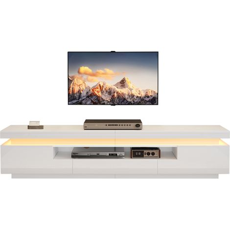 Meuble TV LED blanc 175 x 38 x 45 cm pour télévision jusqu’à 75 pouces, 2 rangements en L et 1 tiroir, finition brillante, pour salon moderne - CHICFURN (1/5)