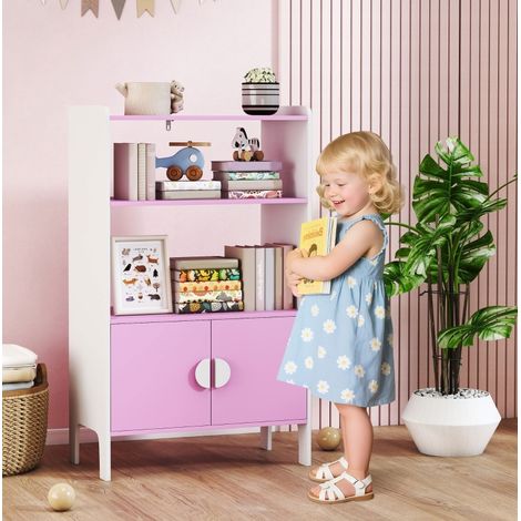 Bibliothèque pour enfants rose et blanc avec 2 étagères, 2 placards, anti-basculement, pieds antidérapants, MDF, 60 x 35 x 100 cm, pour chambre et salle de jeux - CHICFURN (1/5)