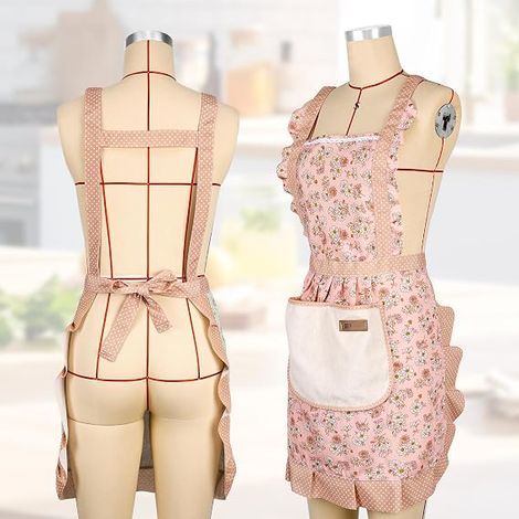 Tablier de cuisine pour femme motif floral double poche (1/4)