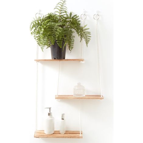 Youyijia 3 Tier Hanging Floating Shelves Wooden Wall Mounted Storage Shelf with String Rope Boho Wall Decor Rustic Display Shelving for Hanging Plants Photos for Kitchen Bathroom Bedroom Nursery (1PC) (1/5)