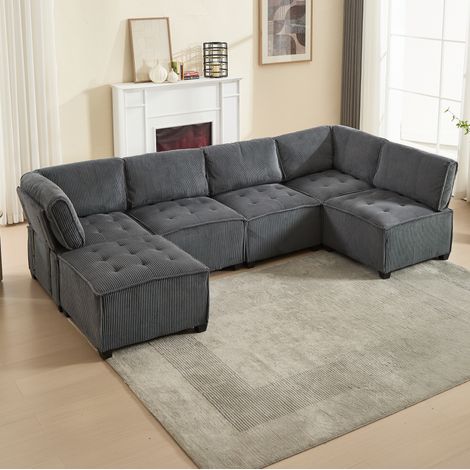 Divano modulare 6 posti in velluto a coste grigio OKMYHOME (1/5)