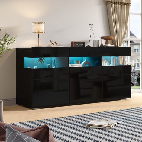 Modernluxe - Buffet laqué brillant 140 x 40,5 x 66,5 cm - Meuble 3 portes et tiroirs - Éclairage LED - 7 étagères - Noir (1/4)