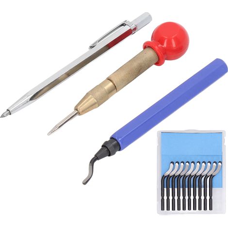 Kit d'ébavurage comprenant des lames rotatives en acier rapide pour l'élimination des bavures, un emporte-pièce et un stylo à tracer. (1/5)