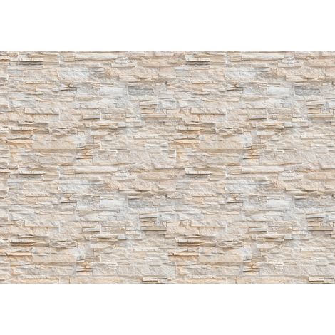 Papier peint panoramique brique beige | Tapisserie panoramique imitation pierre pour cuisine | Papier peint panoramique trompe l'oeil salon - 366 x 254 cm (8 pièces) (1/2)