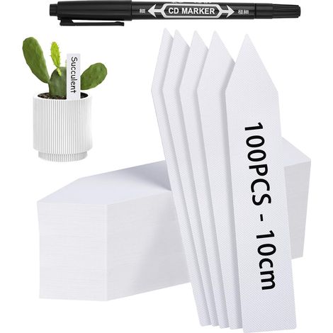 100 x White Plastic Garden Labels, Plastic Labels for Plants, Outdoor Vegetable Garden Labels with Pen, Waterproof Reusable Labelling for Seeds, Flowers (1/5)