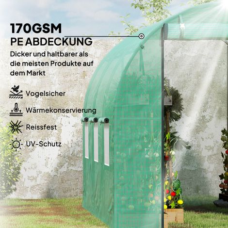 Serre tunnel polyéthylène avec bâche plastique et armature acier, abri de jardin accessible à pied, portes enroulables, vert