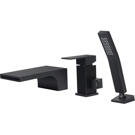 Robinet Baignoire 3 Trous, Mitigeur avec Douchette 3 Trous, Robinetterie de Baignoire Cascade, Noir (1/5)