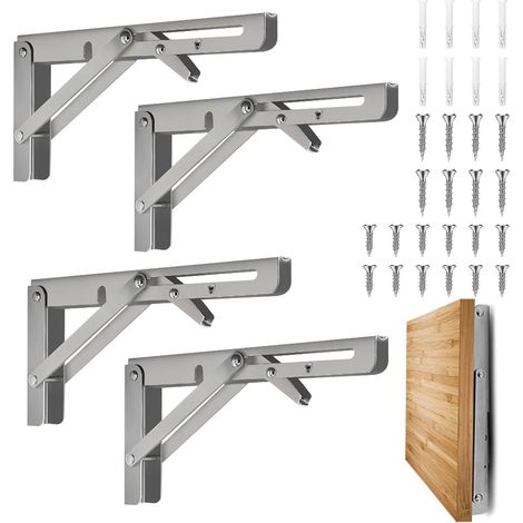 4 Pièces - Équerre Pliante - Support Console - Acier Inoxydable Charge 80kg Pour Garage Cuisine Atelier Rétractable Argent 35cm (1/5)