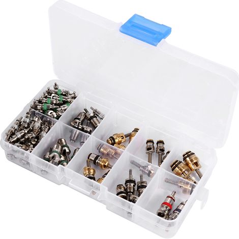 Kit d'outils et assortiment de 102 obus de valve (pour climatisation R134a/R12 et pneus) (1/5)