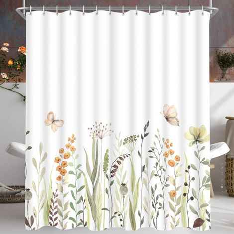 Floral pattern shower curtain, 150180 cm, flower and butterfly pattern, waterproof fabric, with hooks and eyelets. (1/5)
