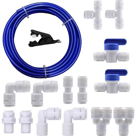 10 Metres Blue 1/4" Water Supply Hose Tube and Refrigerator Connector Kit +14pcs RO Water Filter Connector + 1pcs Black Tube Cutter (1/5)