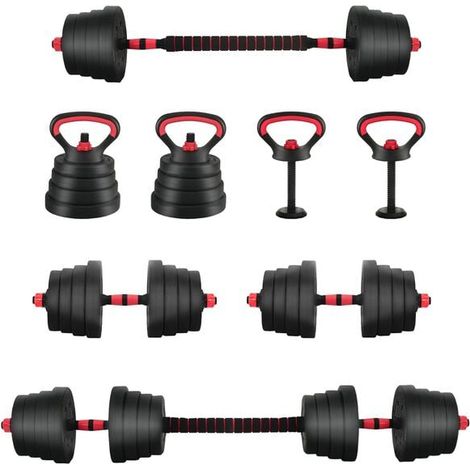 Ensemble 4 en 1 de kettlebell et haltère, 30 kg, coloris noir et rouge. (1/5)