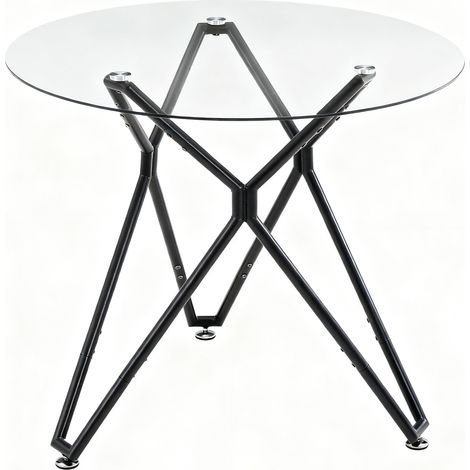 Table de salle à manger ronde 90 cm en verre trempé noir avec pieds en métal, pour 1 à 4 personnes (1/5)