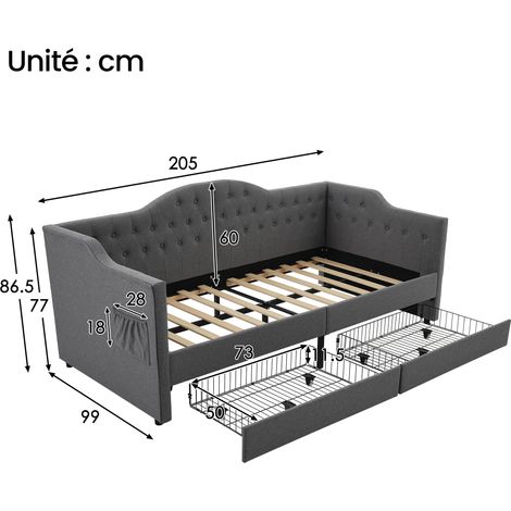 Letto Divano 90 x 190 cm, Letto Singolo con 2 Cassetti, USB e Tipo C, senza Materasso, Lino Grigio (1/4)