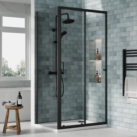 Nuie Rene Sliding Shower Door 1600mm Wide with Matt Black Profile - 6mm Glass