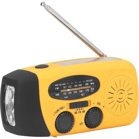 Radio solaire à manivelle, radio d'urgence multifonctionnelle avec lampe torche LED intégrée, idéale pour le camping et les activités de plein air (Orange America). (1/5)