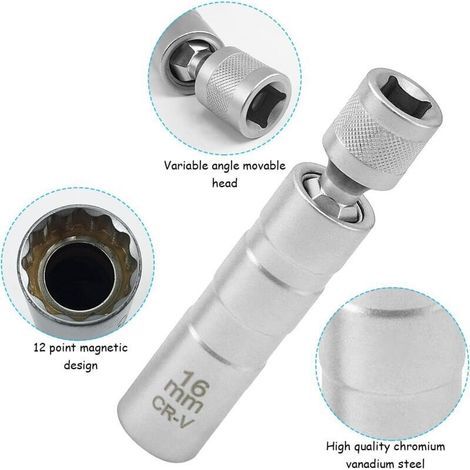 Set of 2 Magnetic Spark Plug Wrenches 16mm/14mm Long, Spark Plug Socket Extractor, 3/8" - 10mm Flexible Spark Plug Wrenches, 12-Point Spark Plug Removal Tool, for Cars (1/3)