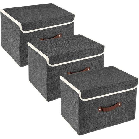 Aufbewahrungsbox Faltbar Stoff Deckel 38x25x25cm 3-Stück Schwarz (1/5)