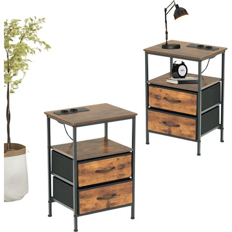 2PCS Guéridons de Salon, Table D'appoint avec LED, 2 AC Sockets, 2 USB Ports of Drawers, 2 Tiroirs en Tissu, Style Industriel Rétro Marron, 40 x 30 x 60cm (1/5)